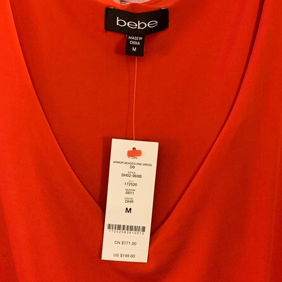 BEBE NWT PARTY DRESS BRIGHT ORANGE WITH GOLD DETAIL SIZE MEDIUM. - Picture 7 of 10